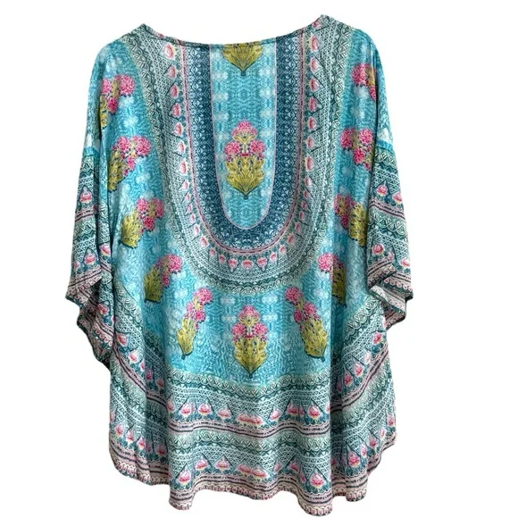 TOLANI COLLECTION NARISSA BLUE PRINT OVERSIZED CAFTAN TUNIC TOP SZ S SP - Picture 2 of 3